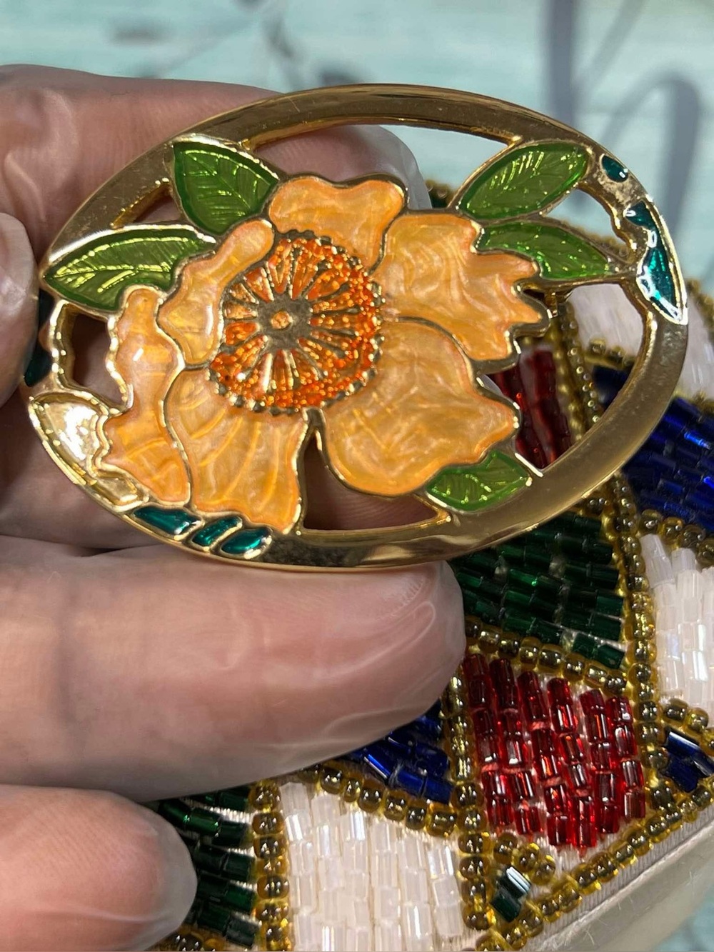 vintage cloisinee enamel gold tone brooch